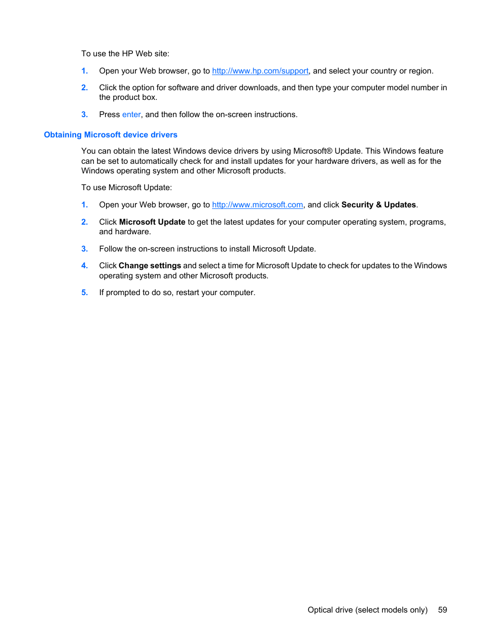Obtaining microsoft device drivers | HP ProBook 6555b Notebook-PC User Manual | Page 69 / 175