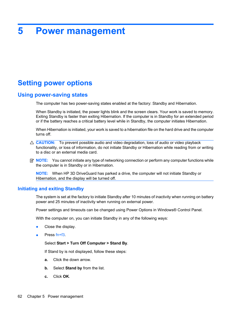 Power management, Setting power options, Using power-saving states | Initiating and exiting standby, 5 power management, 5power management | HP ProBook 6555b Notebook-PC User Manual | Page 72 / 175