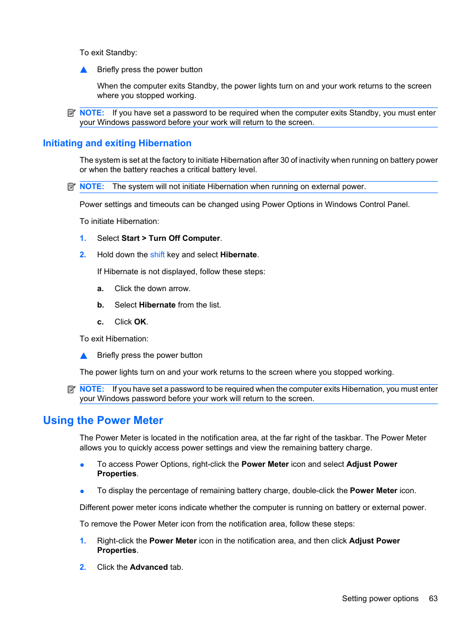 Initiating and exiting hibernation, Using the power meter | HP ProBook 6555b Notebook-PC User Manual | Page 73 / 175