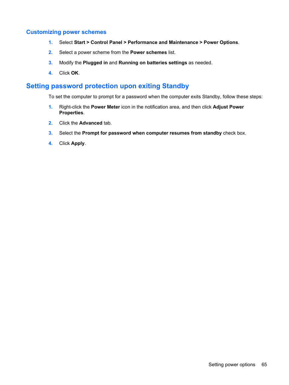 Customizing power schemes, Setting password protection upon exiting standby | HP ProBook 6555b Notebook-PC User Manual | Page 75 / 175