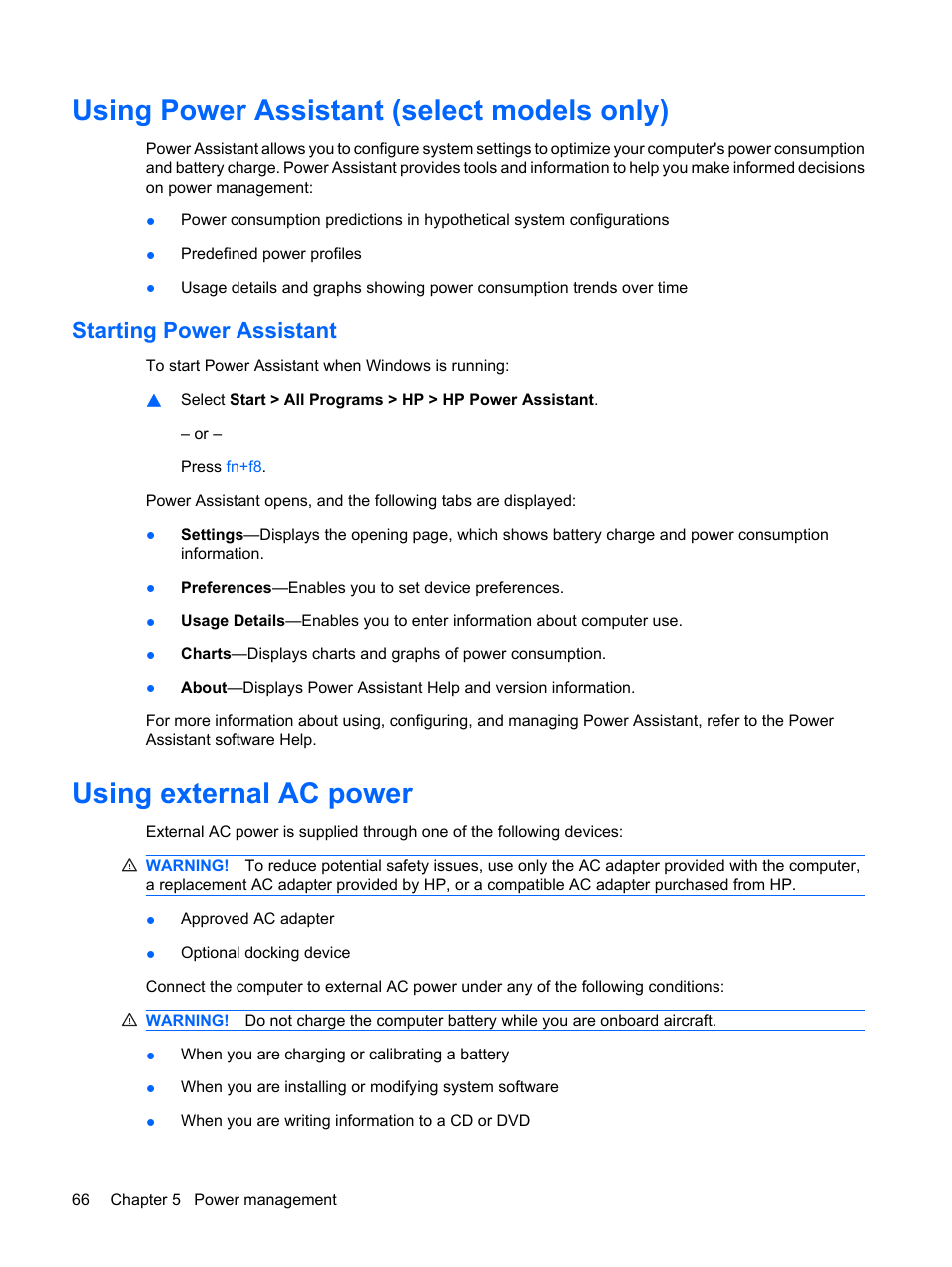 Using power assistant (select models only), Starting power assistant, Using external ac power | HP ProBook 6555b Notebook-PC User Manual | Page 76 / 175