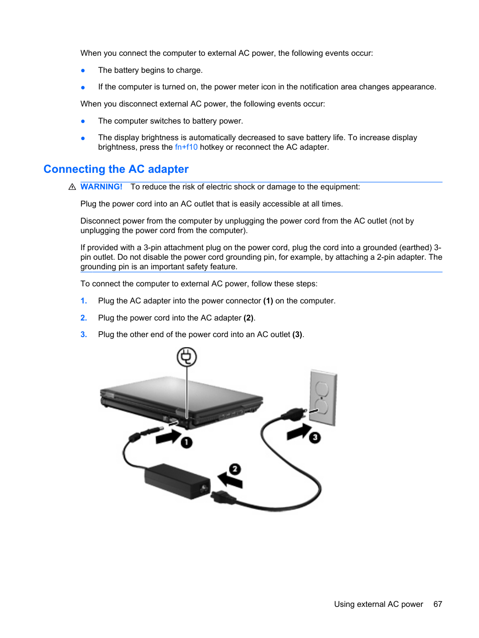 Connecting the ac adapter | HP ProBook 6555b Notebook-PC User Manual | Page 77 / 175