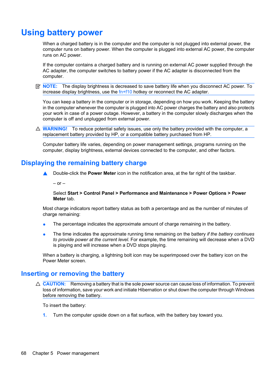 Using battery power, Displaying the remaining battery charge, Inserting or removing the battery | HP ProBook 6555b Notebook-PC User Manual | Page 78 / 175