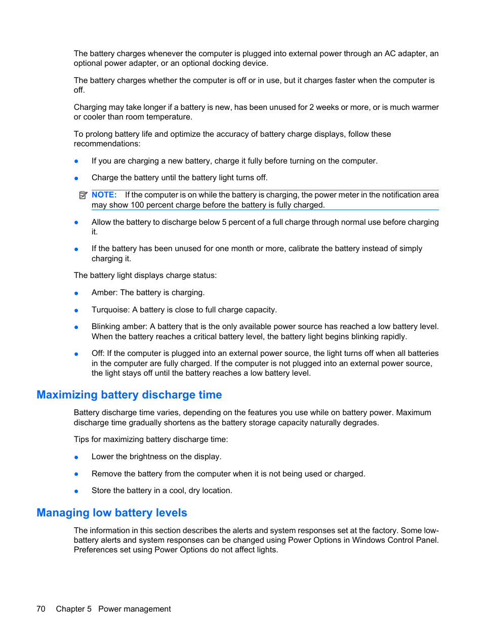Maximizing battery discharge time, Managing low battery levels | HP ProBook 6555b Notebook-PC User Manual | Page 80 / 175