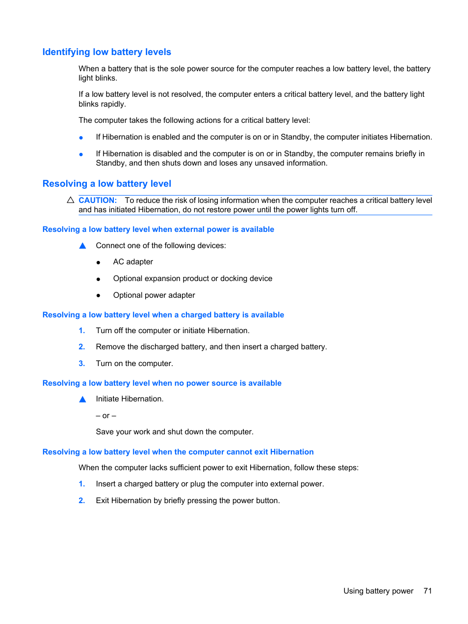 Identifying low battery levels, Resolving a low battery level | HP ProBook 6555b Notebook-PC User Manual | Page 81 / 175