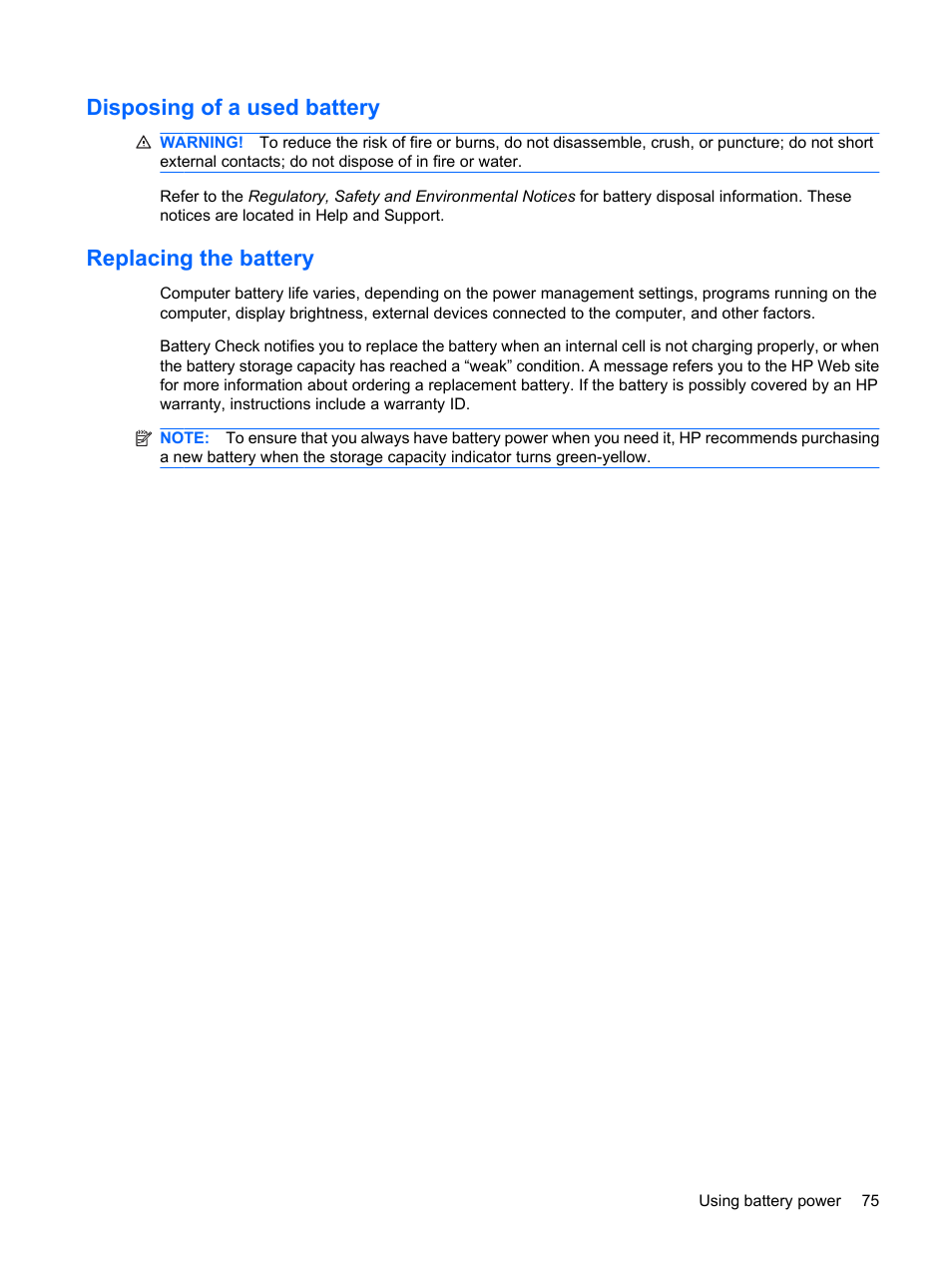 Disposing of a used battery, Replacing the battery, Disposing of a used battery replacing the battery | HP ProBook 6555b Notebook-PC User Manual | Page 85 / 175