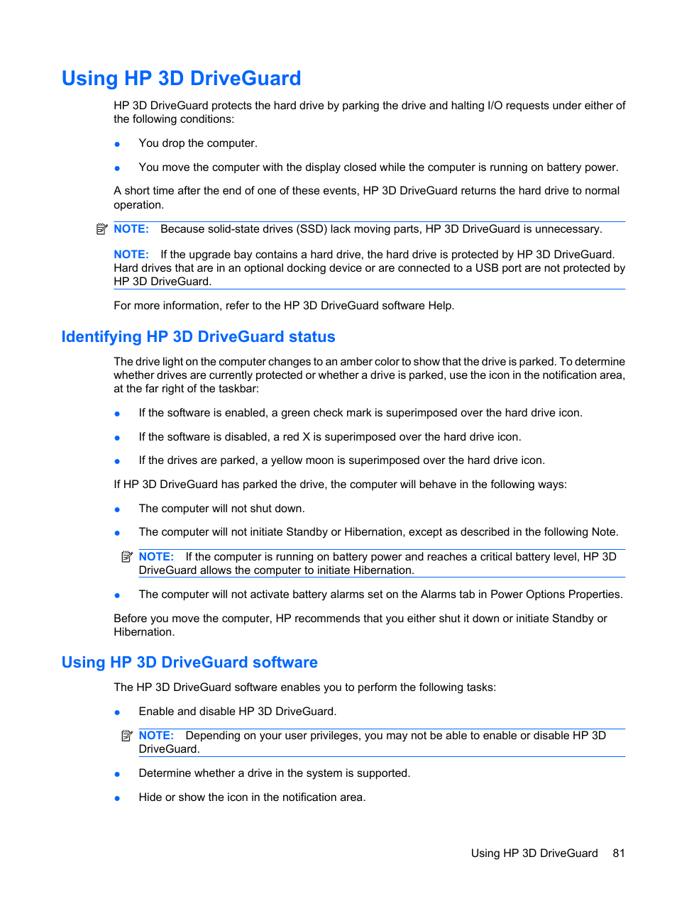 Using hp 3d driveguard, Identifying hp 3d driveguard status, Using hp 3d driveguard software | HP ProBook 6555b Notebook-PC User Manual | Page 91 / 175