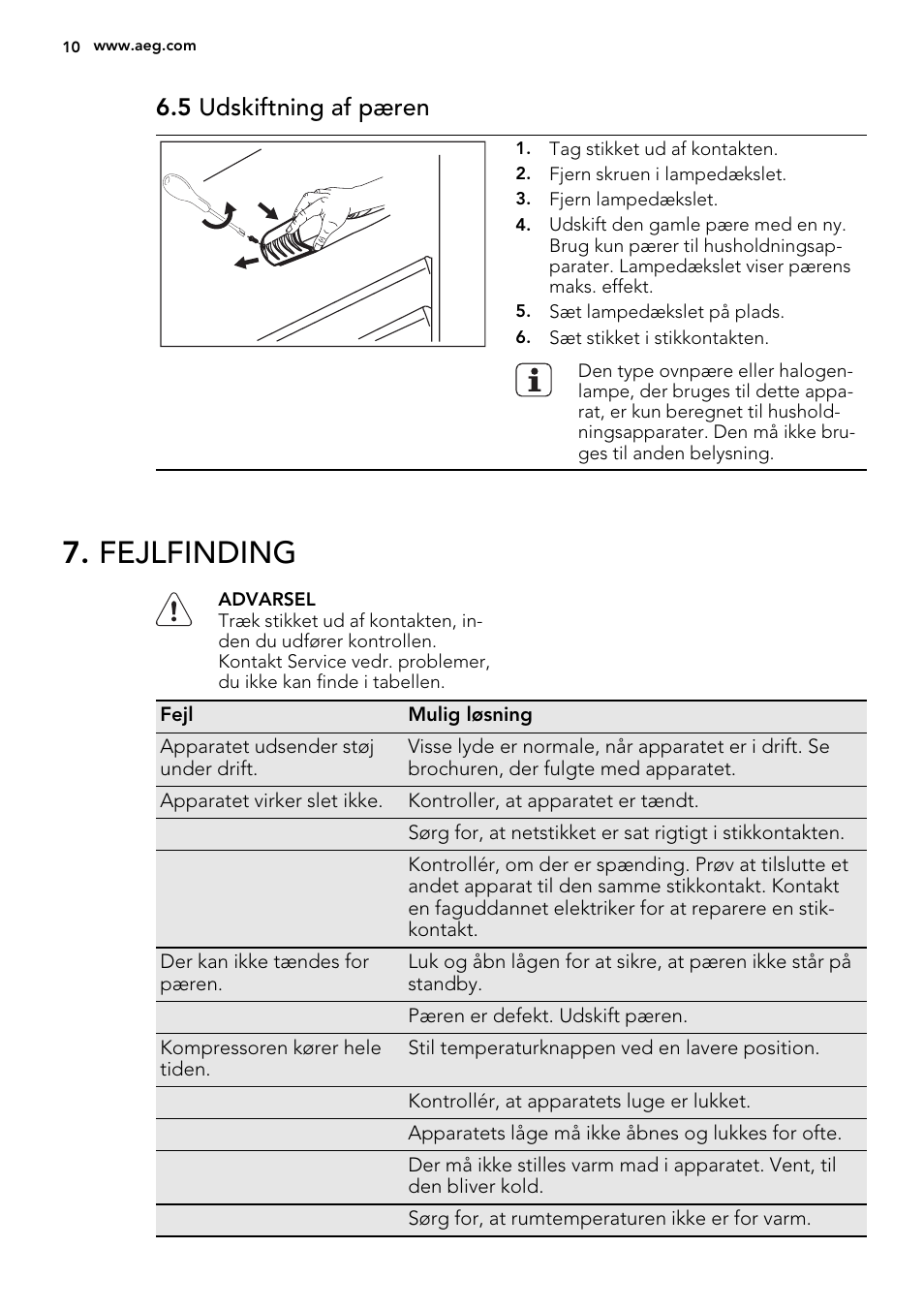 Fejlfinding, 5 udskiftning af pæren | AEG S52300DSW1 User Manual | Page 10 / 80