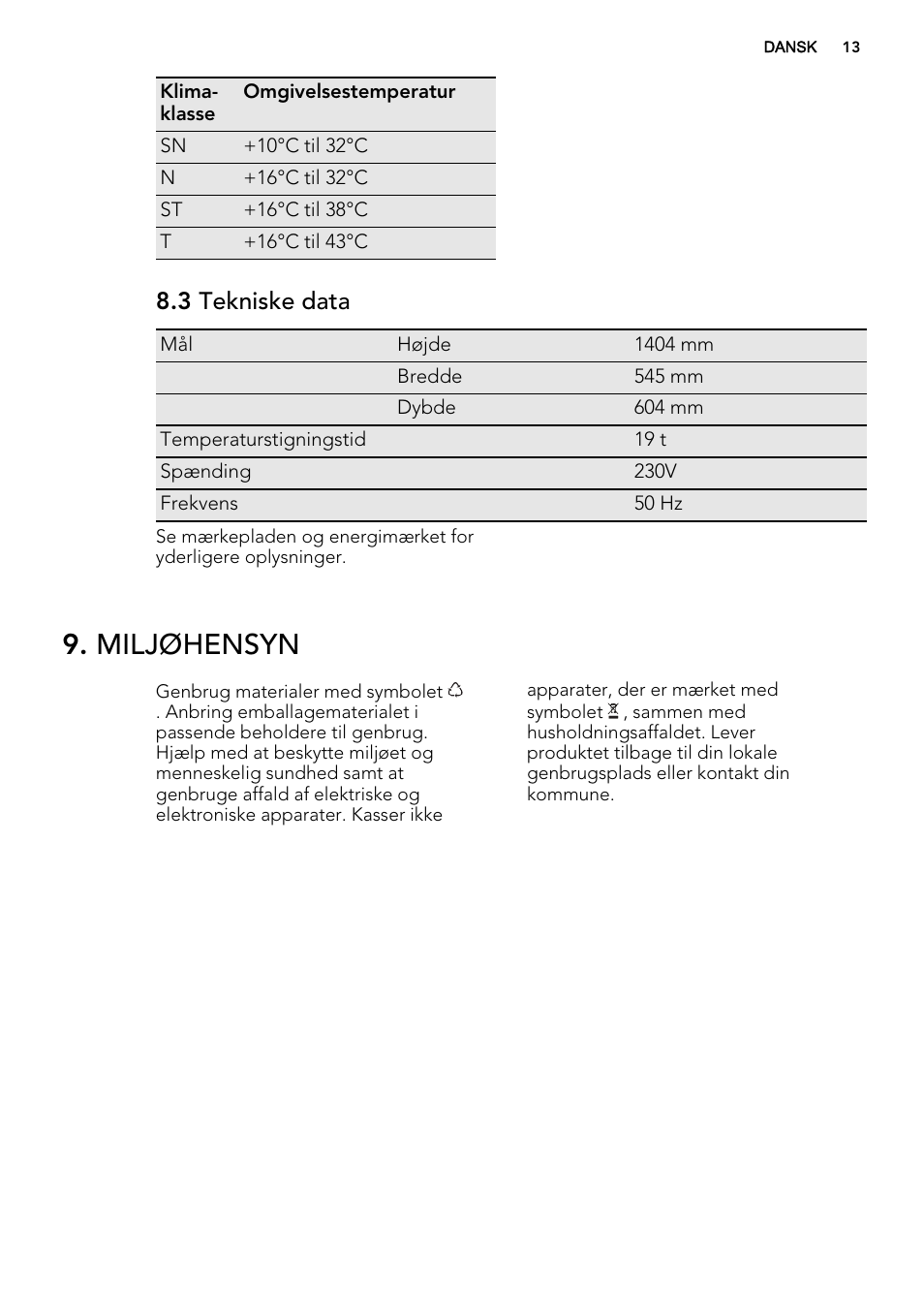 Miljøhensyn, 3 tekniske data | AEG S52300DSW1 User Manual | Page 13 / 80