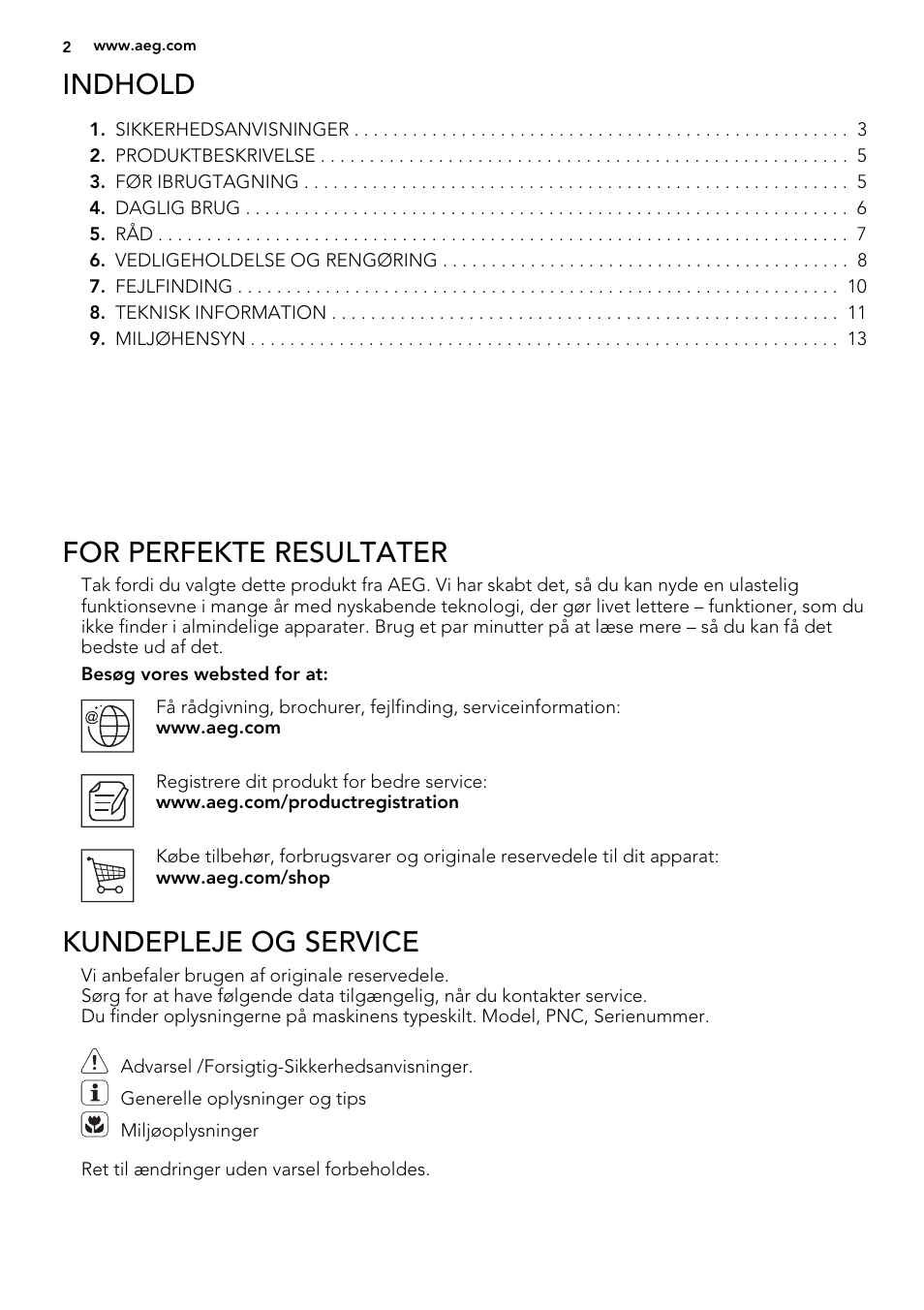 Indhold, For perfekte resultater, Kundepleje og service | AEG S52300DSW1 User Manual | Page 2 / 80