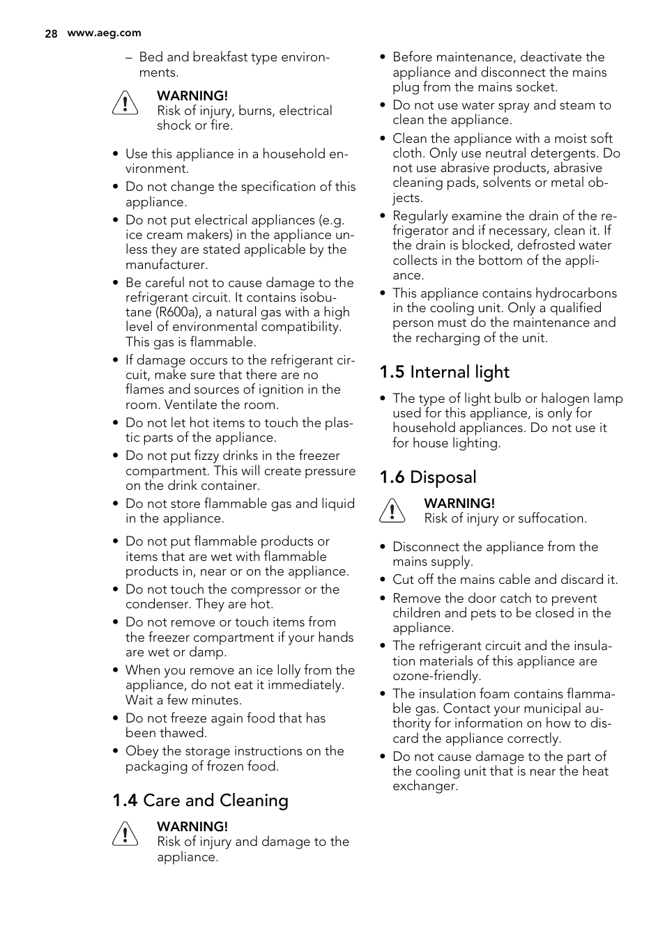 4 care and cleaning, 5 internal light, 6 disposal | AEG S52300DSW1 User Manual | Page 28 / 80