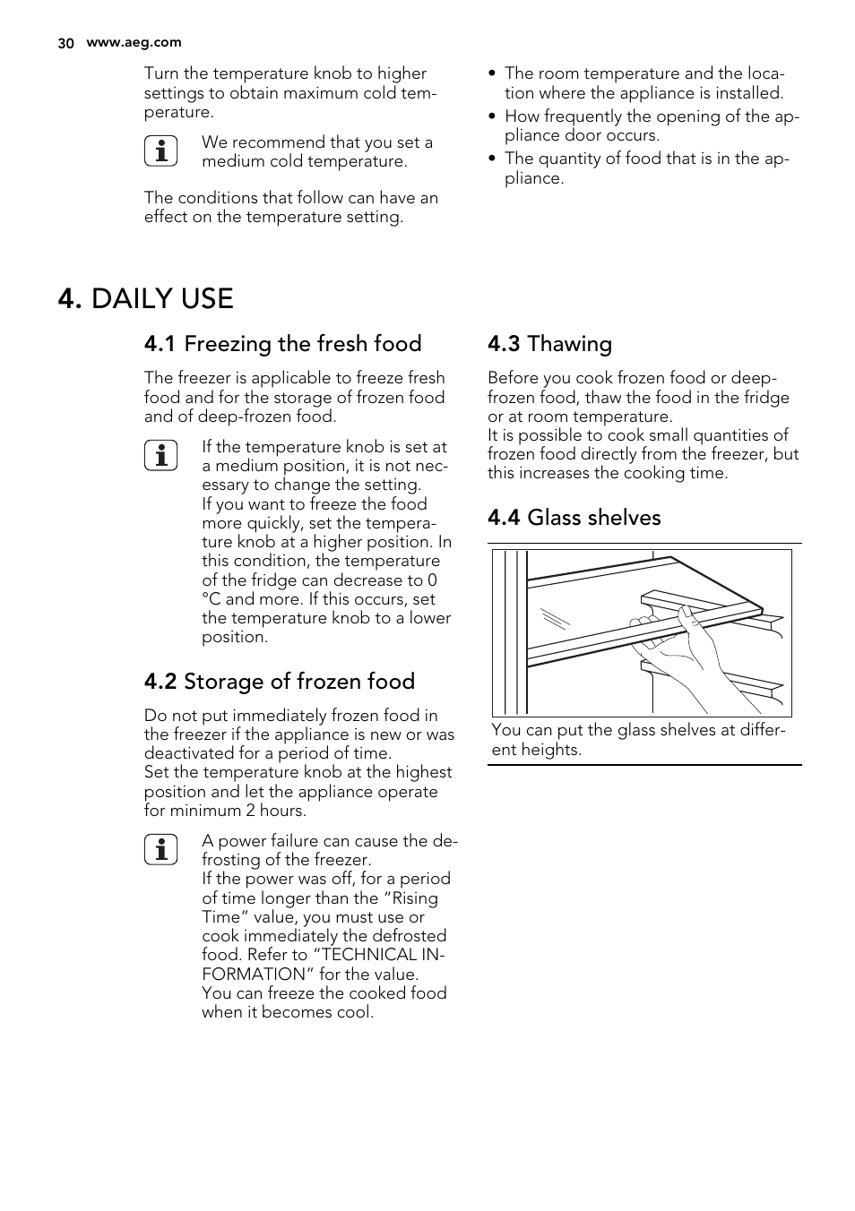 Daily use, 1 freezing the fresh food, 2 storage of frozen food | 3 thawing, 4 glass shelves | AEG S52300DSW1 User Manual | Page 30 / 80