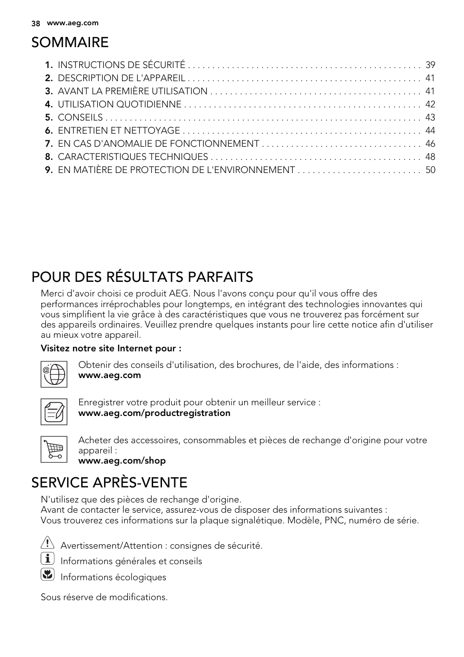 Sommaire, Pour des résultats parfaits, Service après-vente | AEG S52300DSW1 User Manual | Page 38 / 80