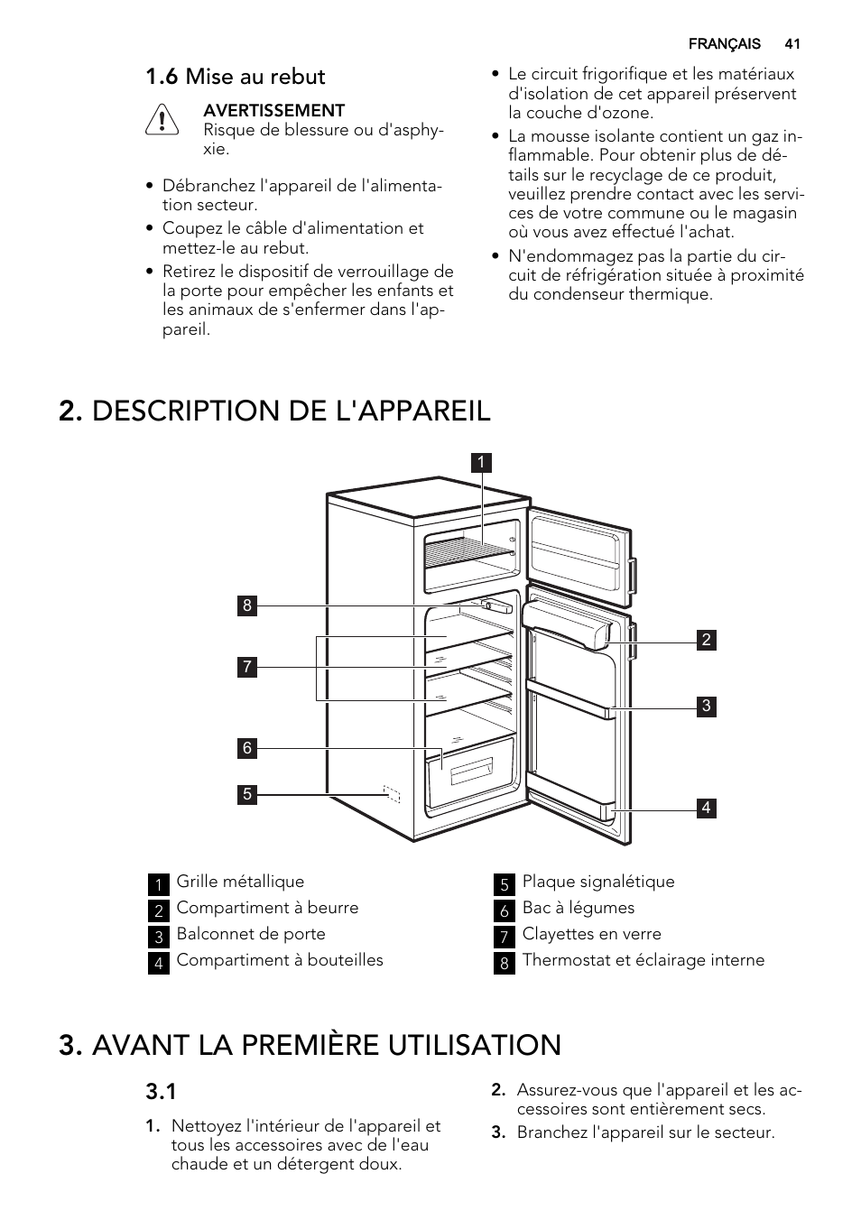 Description de l'appareil, Avant la première utilisation, 6 mise au rebut | AEG S52300DSW1 User Manual | Page 41 / 80