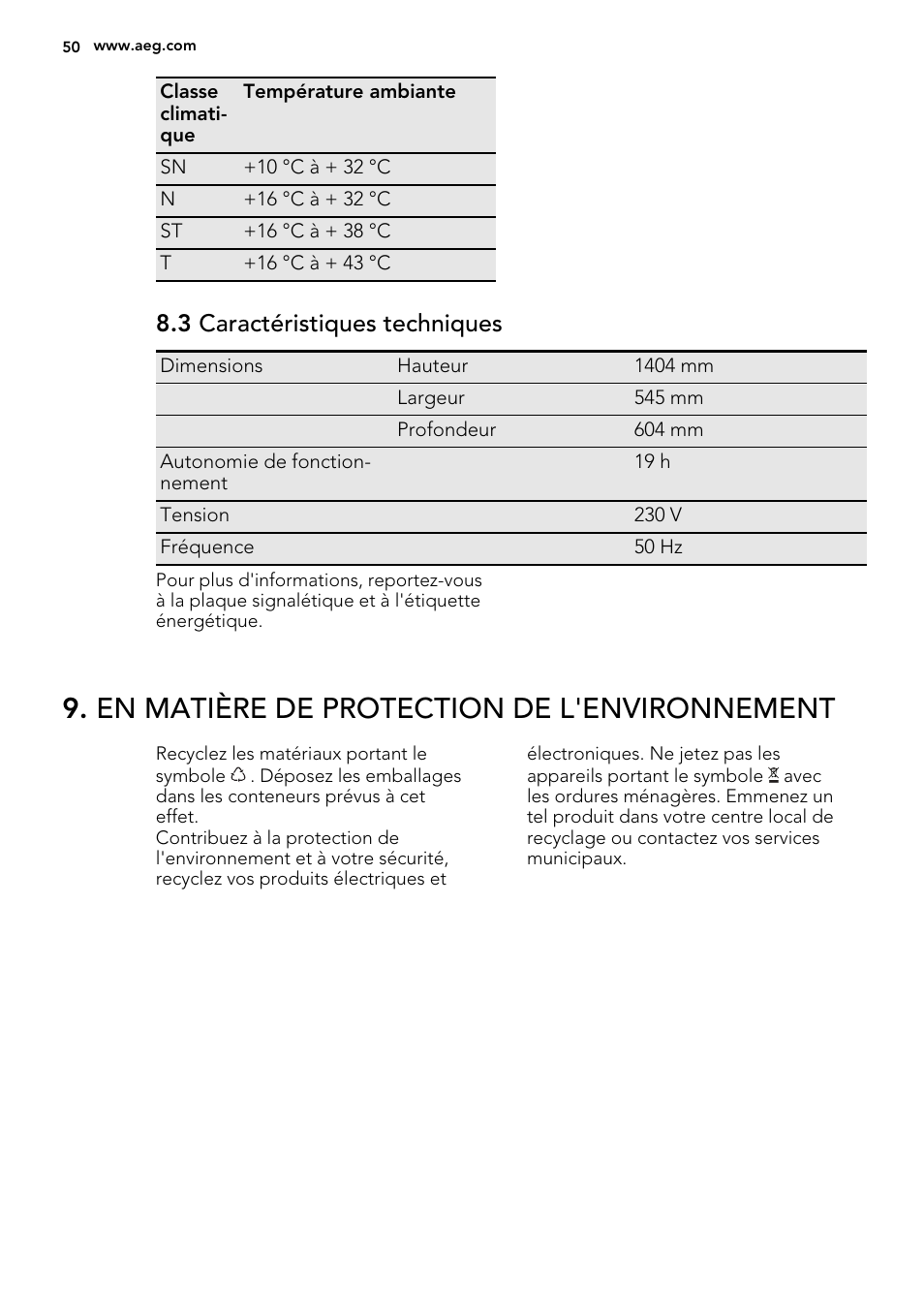 En matière de protection de l'environnement, 3 caractéristiques techniques | AEG S52300DSW1 User Manual | Page 50 / 80