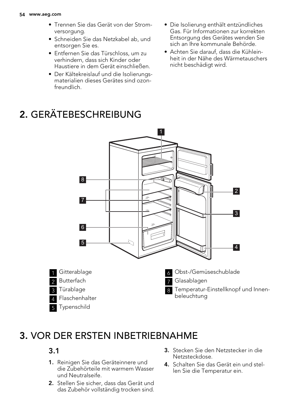 Gerätebeschreibung, Vor der ersten inbetriebnahme | AEG S52300DSW1 User Manual | Page 54 / 80