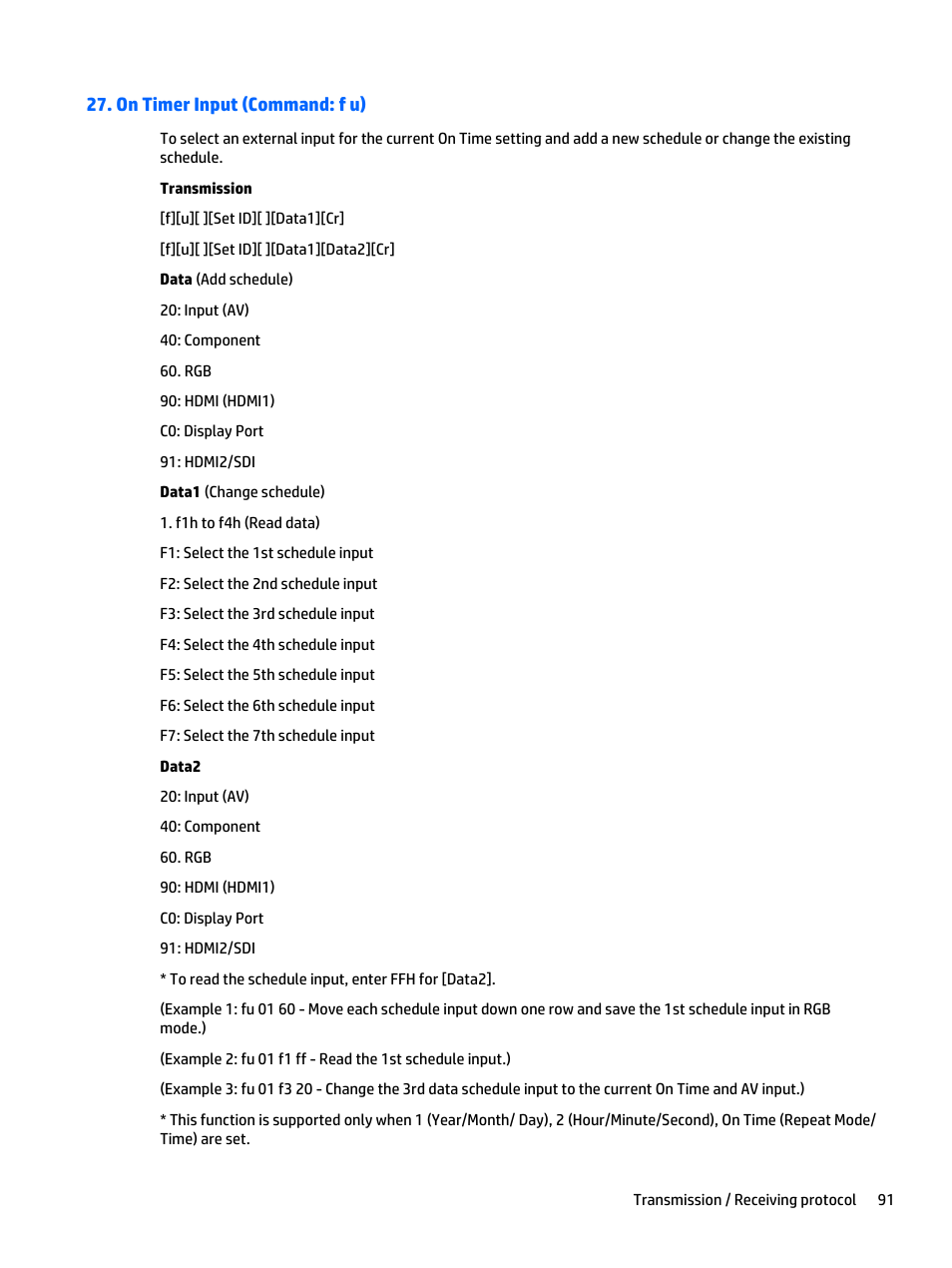 On timer input (command: f u) | HP LD4235 41.92-inch LED Digital Signage Display User Manual | Page 101 / 111