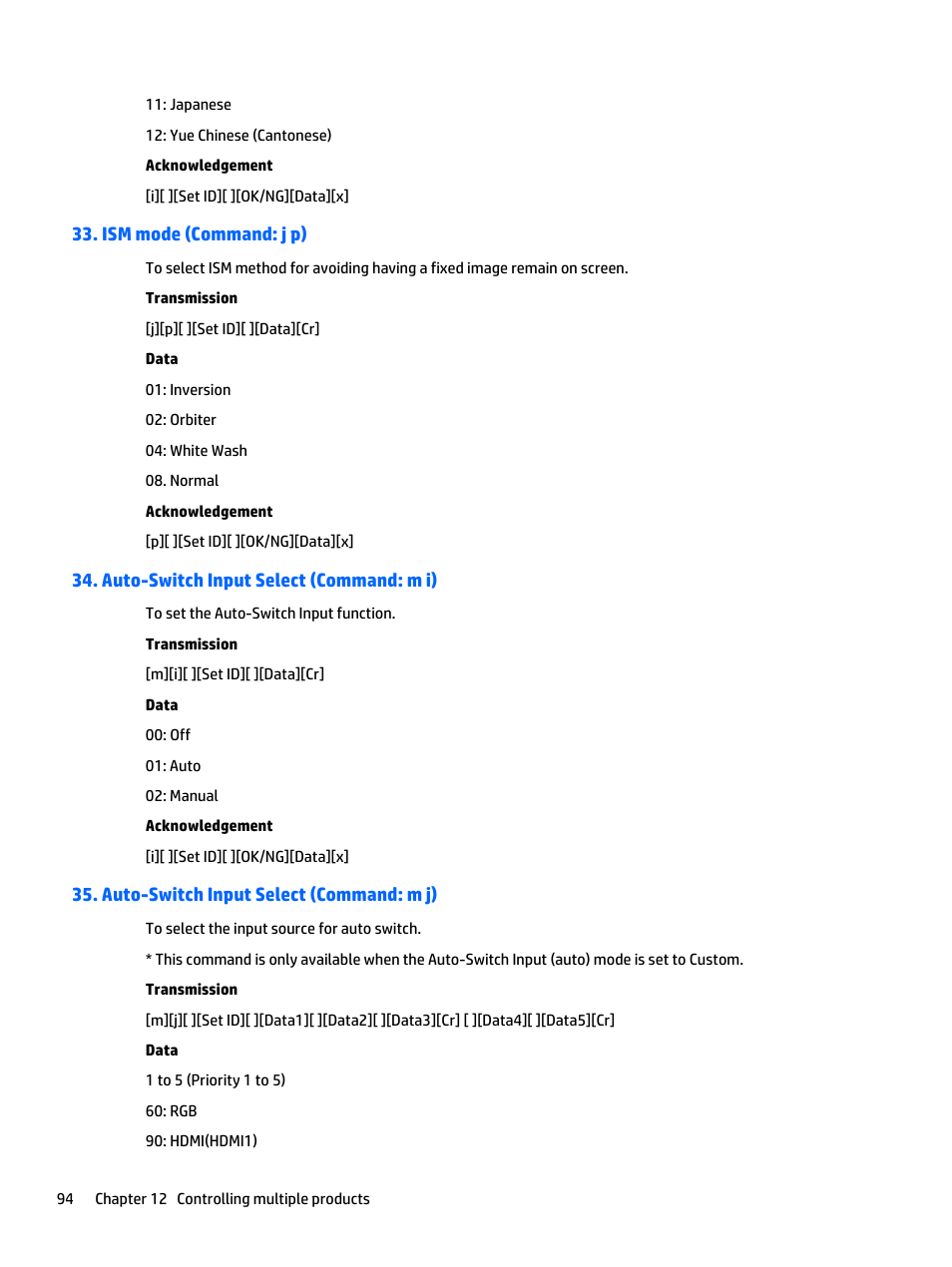 Ism mode (command: j p), Auto-switch input select (command: m i), Auto-switch input select (command: m j) | HP LD4235 41.92-inch LED Digital Signage Display User Manual | Page 104 / 111