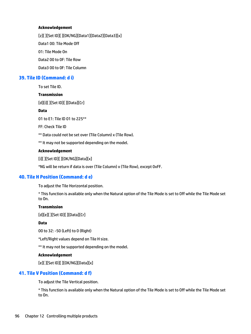Tile id (command: d i), Tile h position (command: d e), Tile v position (command: d f) | HP LD4235 41.92-inch LED Digital Signage Display User Manual | Page 106 / 111
