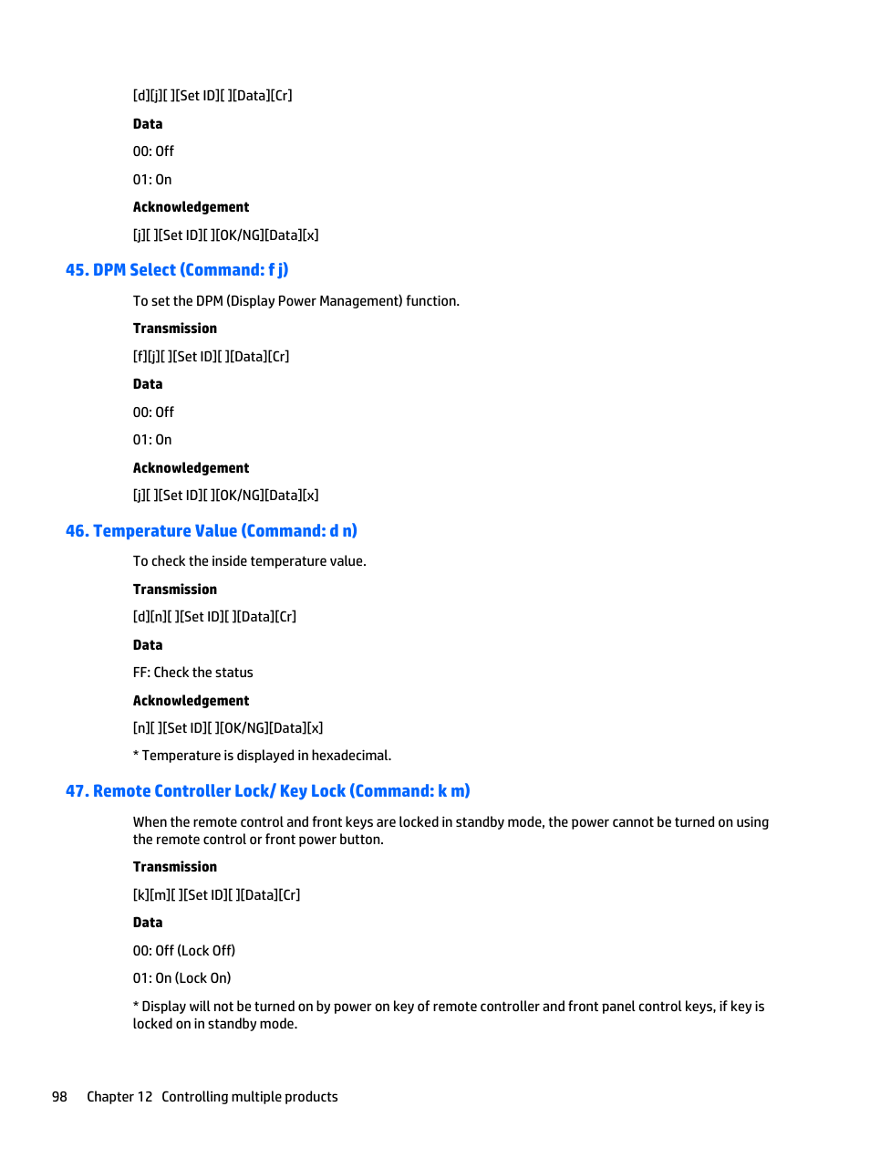 Dpm select (command: f j), Temperature value (command: d n), Remote controller lock/ key lock (command: k m) | HP LD4235 41.92-inch LED Digital Signage Display User Manual | Page 108 / 111