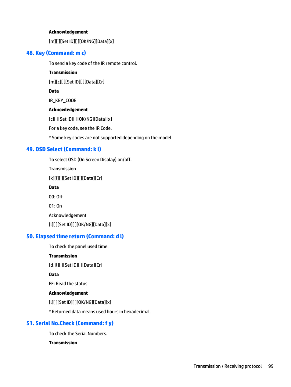 Key (command: m c), Osd select (command: k l), Elapsed time return (command: d l) | Serial no.check (command: f y) | HP LD4235 41.92-inch LED Digital Signage Display User Manual | Page 109 / 111