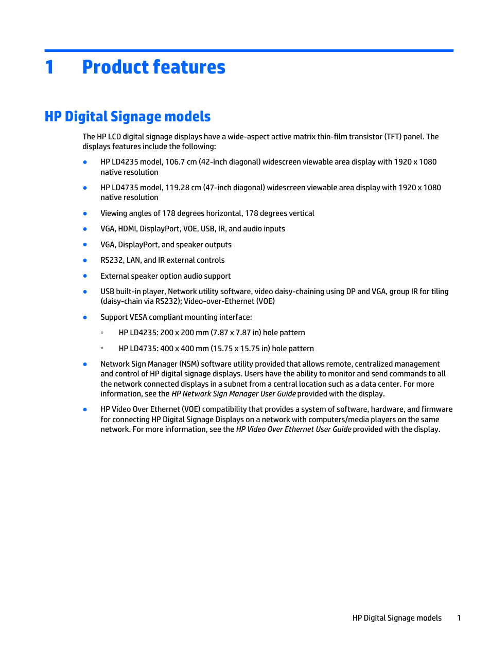 Product features, Hp digital signage models, 1 product features | 1product features | HP LD4235 41.92-inch LED Digital Signage Display User Manual | Page 11 / 111