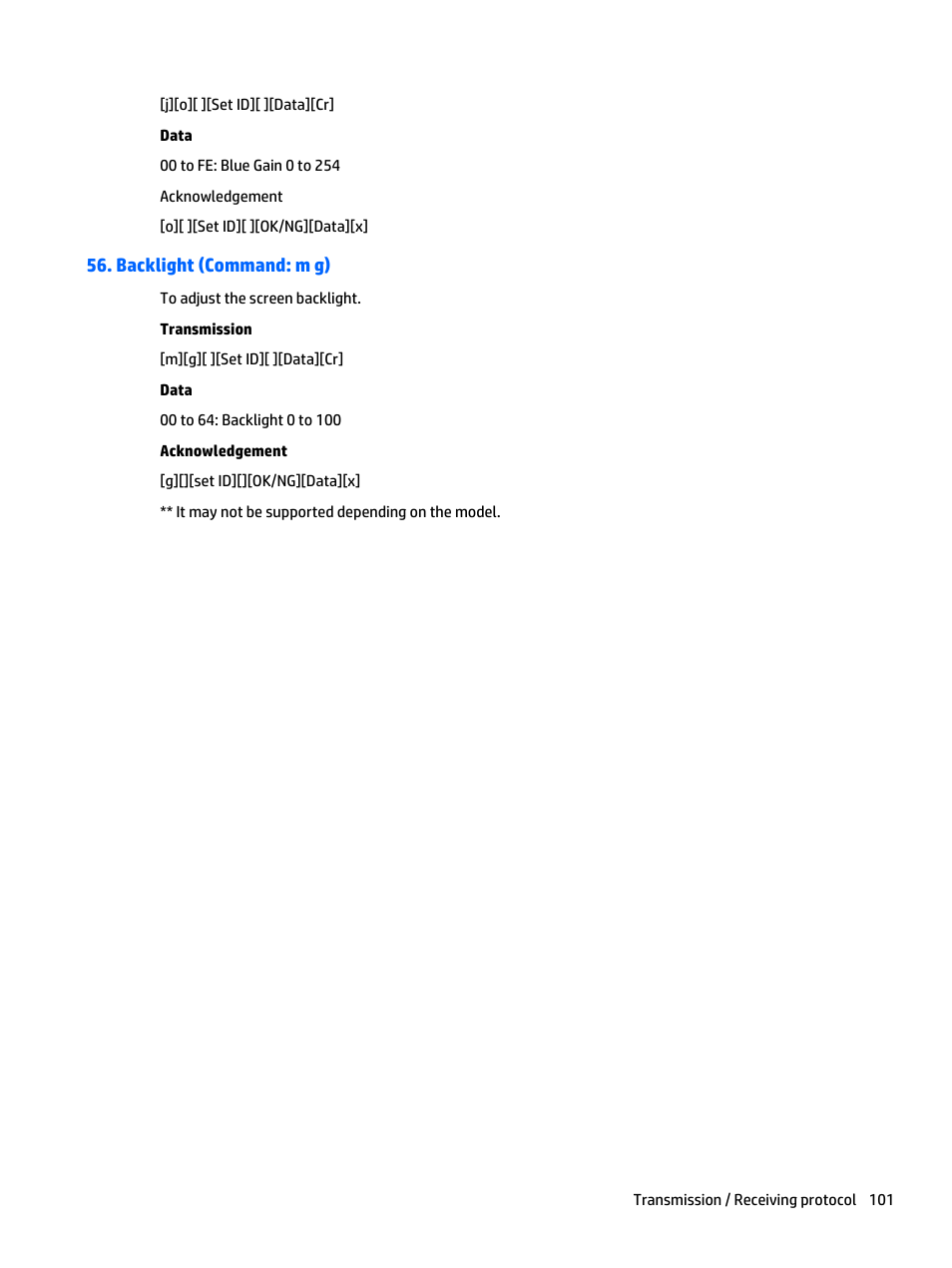 Backlight (command: m g) | HP LD4235 41.92-inch LED Digital Signage Display User Manual | Page 111 / 111