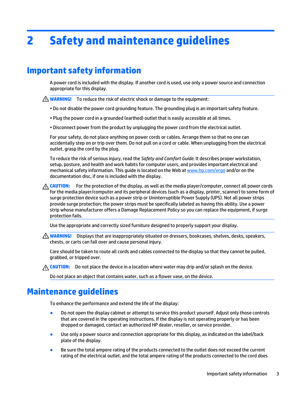 Safety and maintenance guidelines, Important safety information, Maintenance guidelines | 2 safety and maintenance guidelines, 2safety and maintenance guidelines | HP LD4235 41.92-inch LED Digital Signage Display User Manual | Page 13 / 111