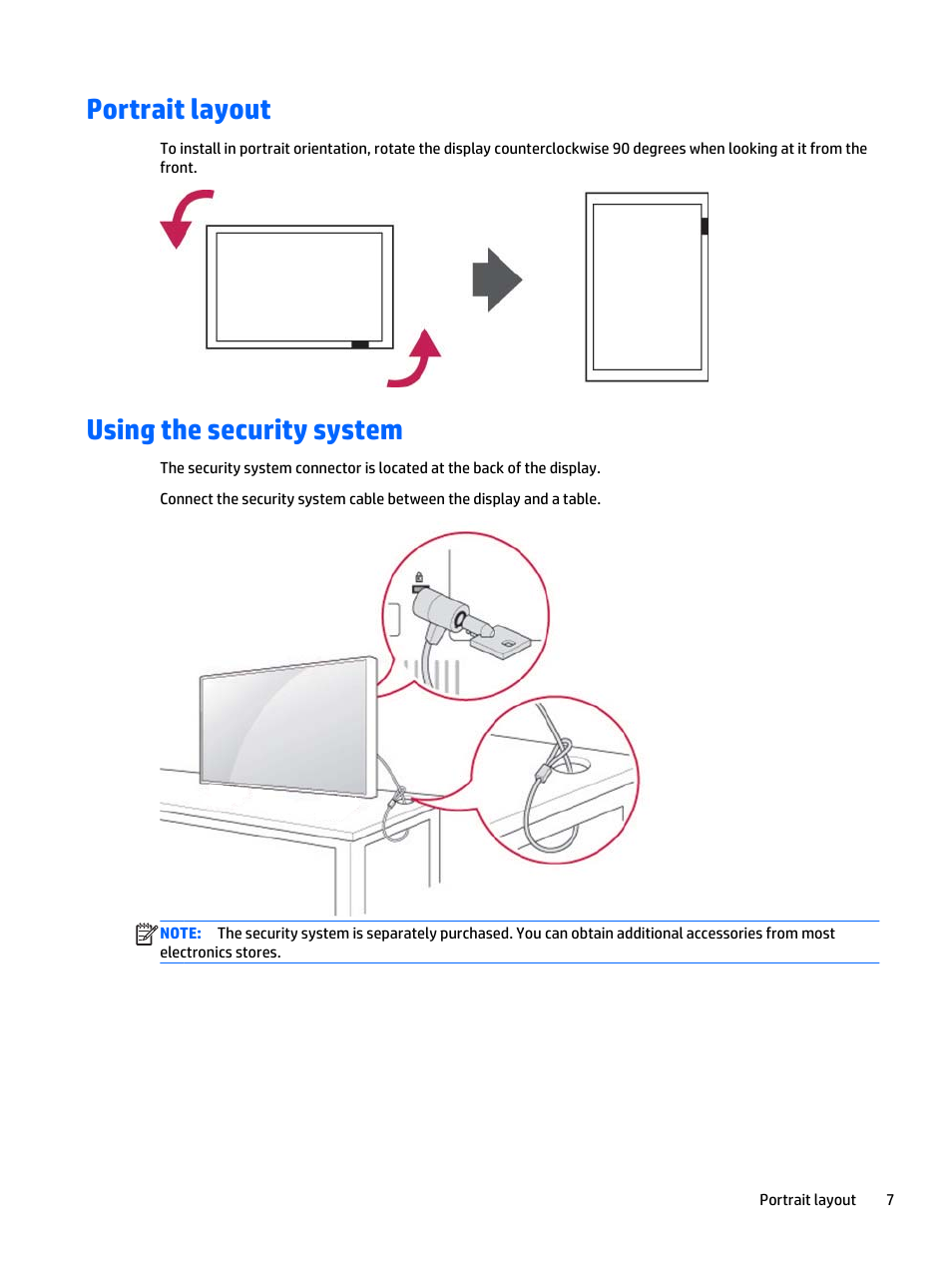 Portrait layout, Using the security system, Portrait layout using the security system | HP LD4235 41.92-inch LED Digital Signage Display User Manual | Page 17 / 111