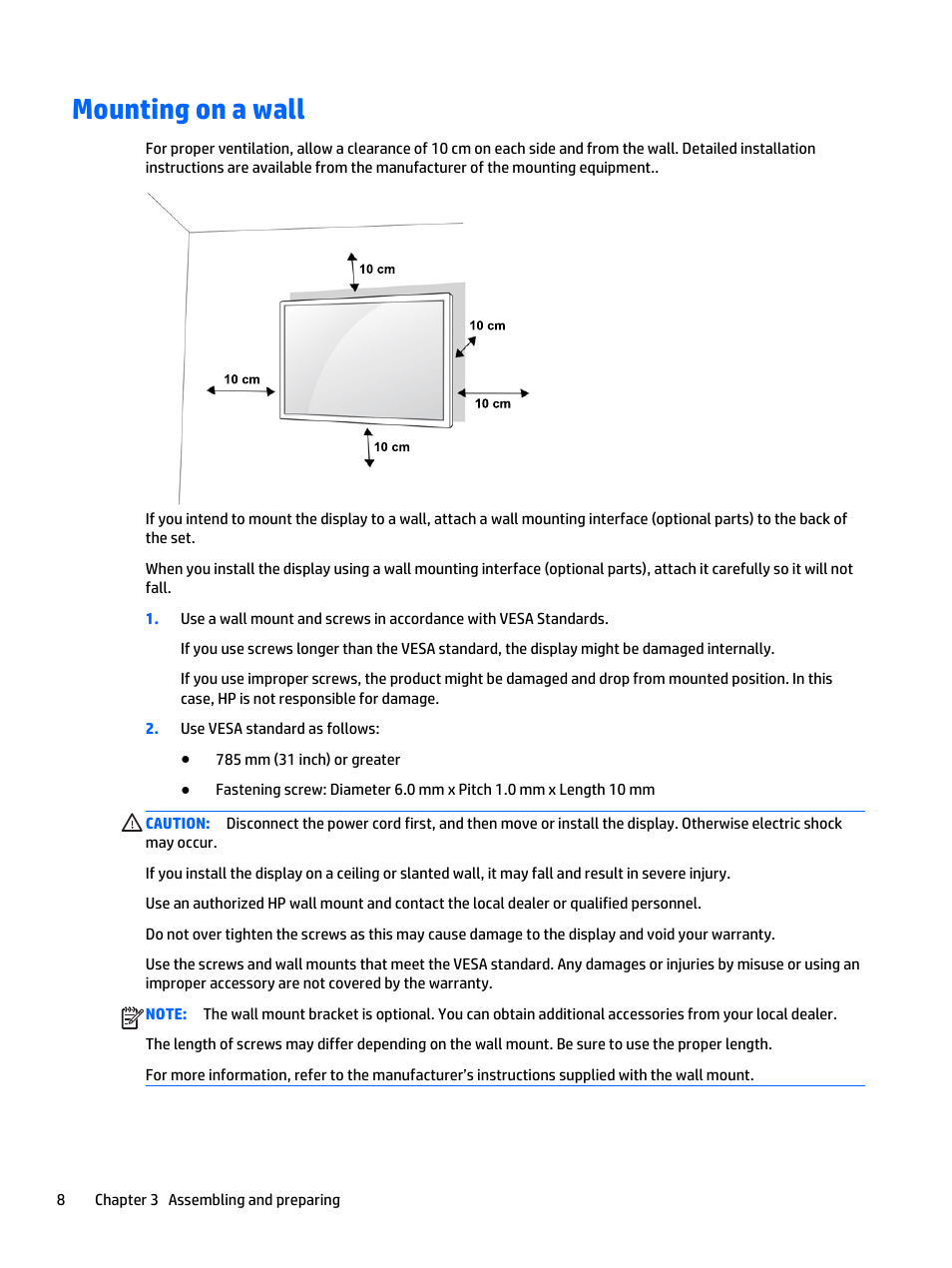 Mounting on a wall | HP LD4235 41.92-inch LED Digital Signage Display User Manual | Page 18 / 111