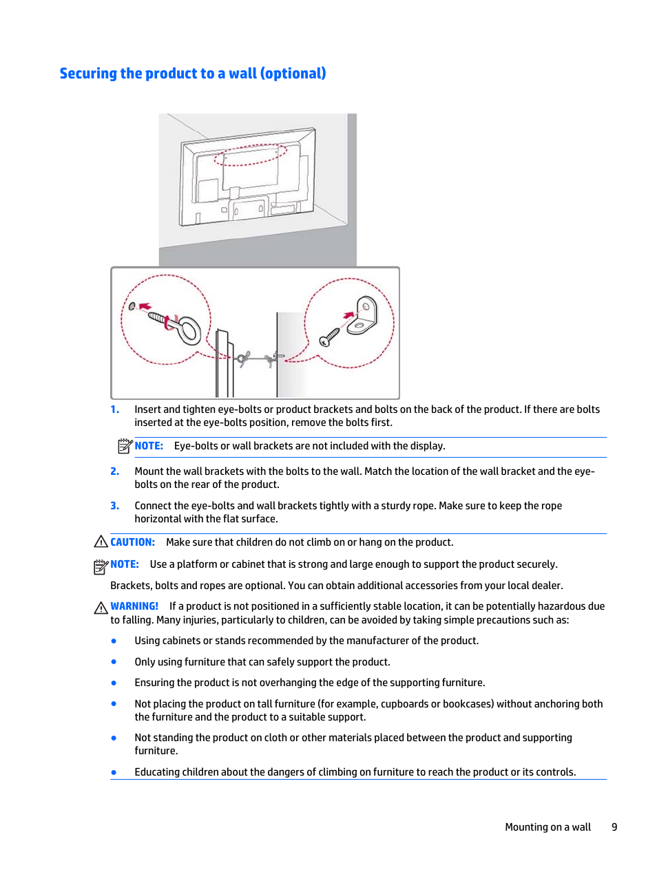 Securing the product to a wall (optional) | HP LD4235 41.92-inch LED Digital Signage Display User Manual | Page 19 / 111