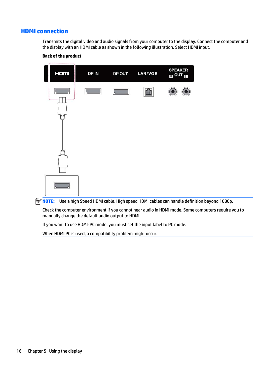 Hdmi connection | HP LD4235 41.92-inch LED Digital Signage Display User Manual | Page 26 / 111