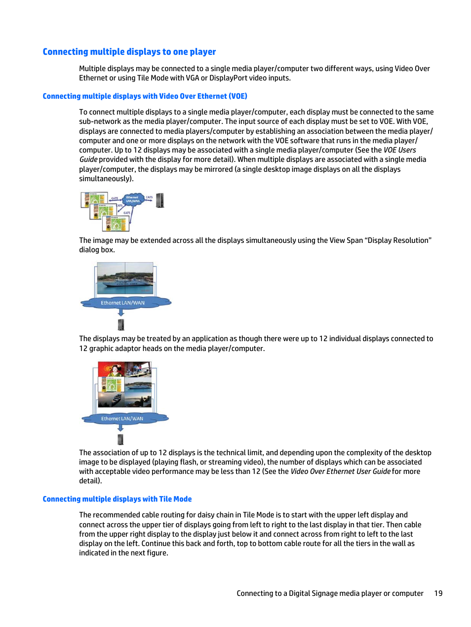 Connecting multiple displays to one player, Connecting multiple displays with tile mode, Connecting multiple | HP LD4235 41.92-inch LED Digital Signage Display User Manual | Page 29 / 111