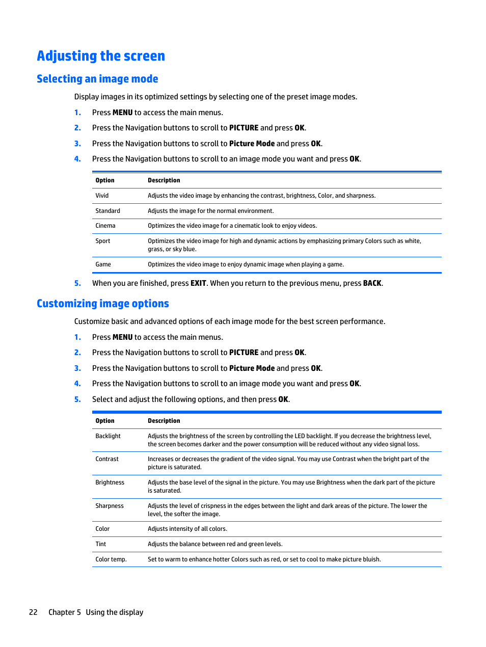 Adjusting the screen, Selecting an image mode, Customizing image options | Selecting an image mode customizing image options | HP LD4235 41.92-inch LED Digital Signage Display User Manual | Page 32 / 111