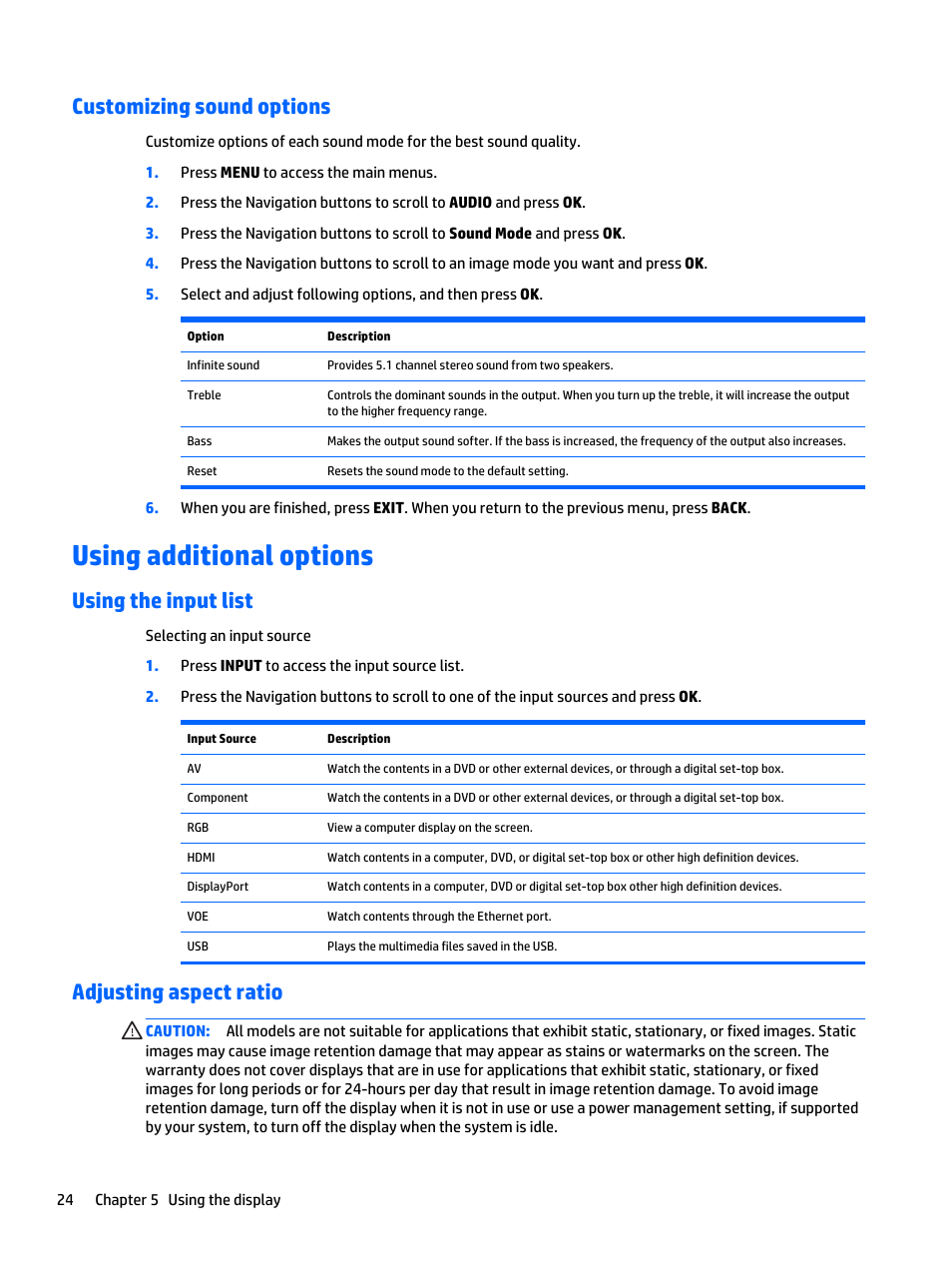 Customizing sound options, Using additional options, Using the input list | Adjusting aspect ratio, Using the input list adjusting aspect ratio | HP LD4235 41.92-inch LED Digital Signage Display User Manual | Page 34 / 111