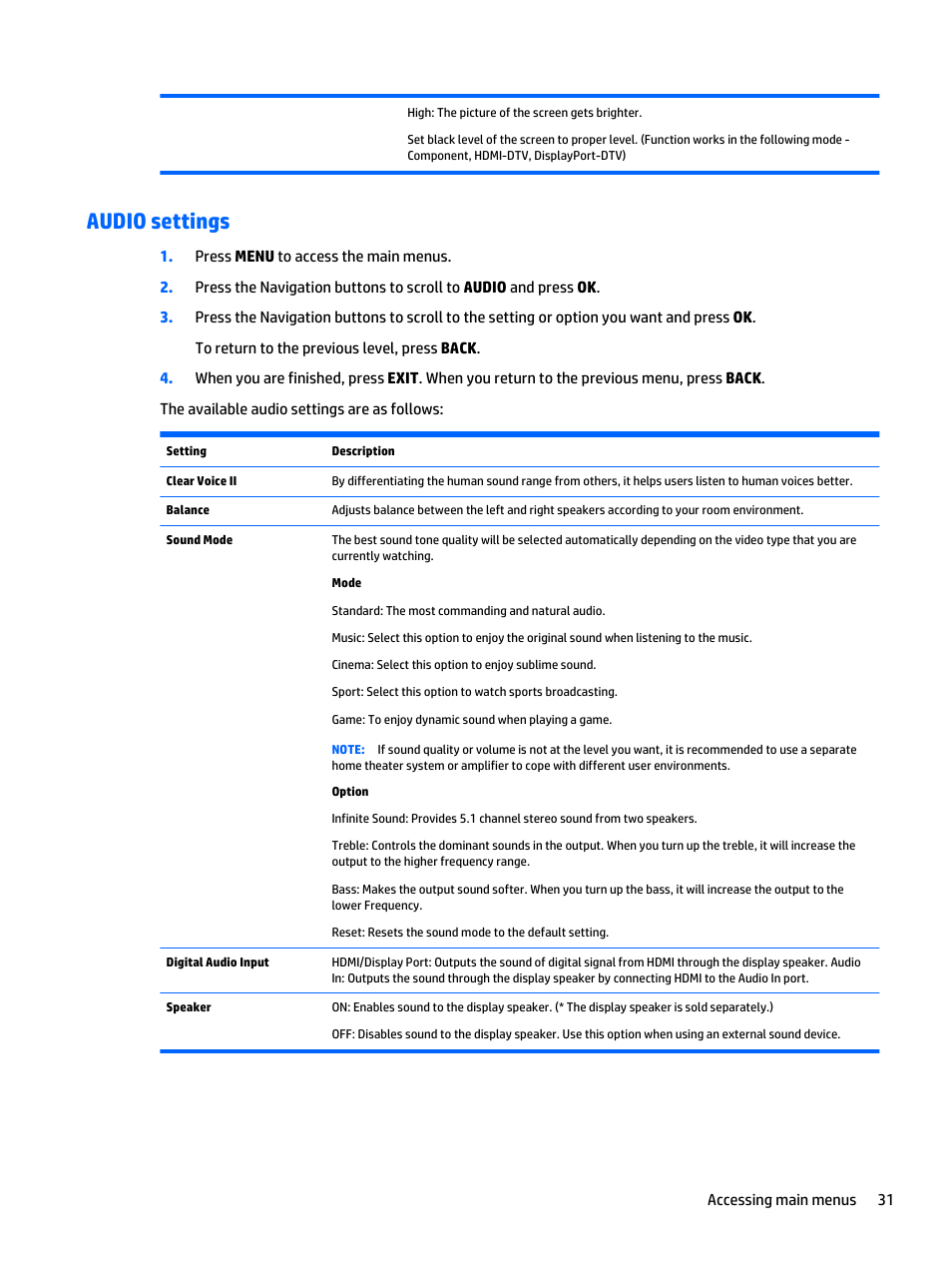Audio settings | HP LD4235 41.92-inch LED Digital Signage Display User Manual | Page 41 / 111