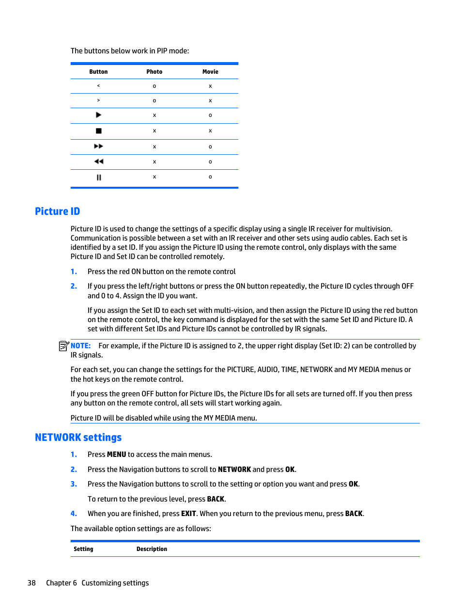 Picture id, Network settings, Picture id network settings | HP LD4235 41.92-inch LED Digital Signage Display User Manual | Page 48 / 111
