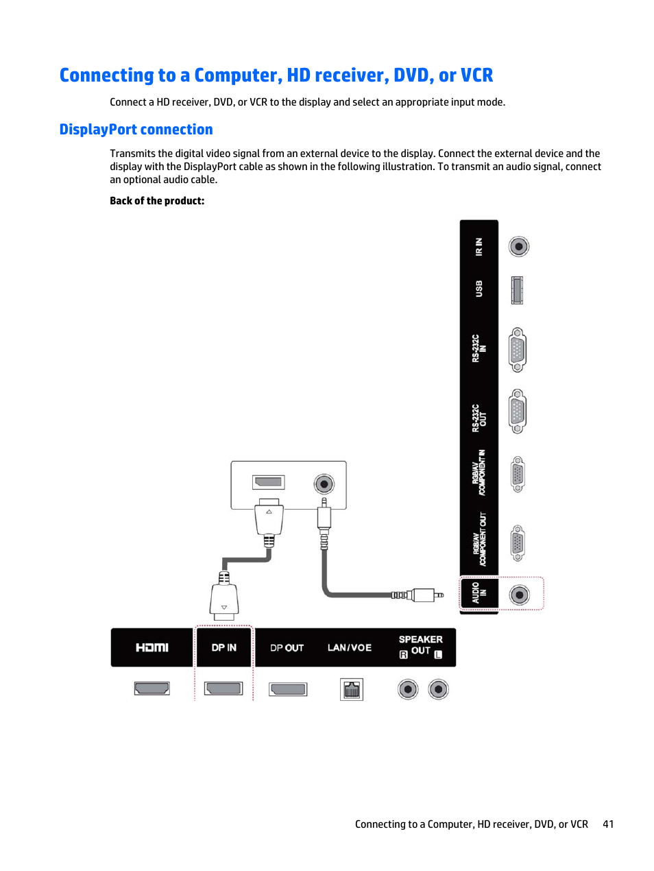 Connecting to a computer, hd receiver, dvd, or vcr, Displayport connection | HP LD4235 41.92-inch LED Digital Signage Display User Manual | Page 51 / 111