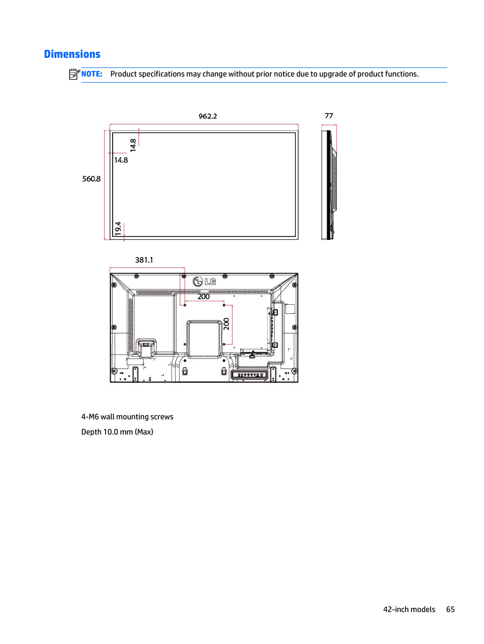 Dimensions | HP LD4235 41.92-inch LED Digital Signage Display User Manual | Page 75 / 111