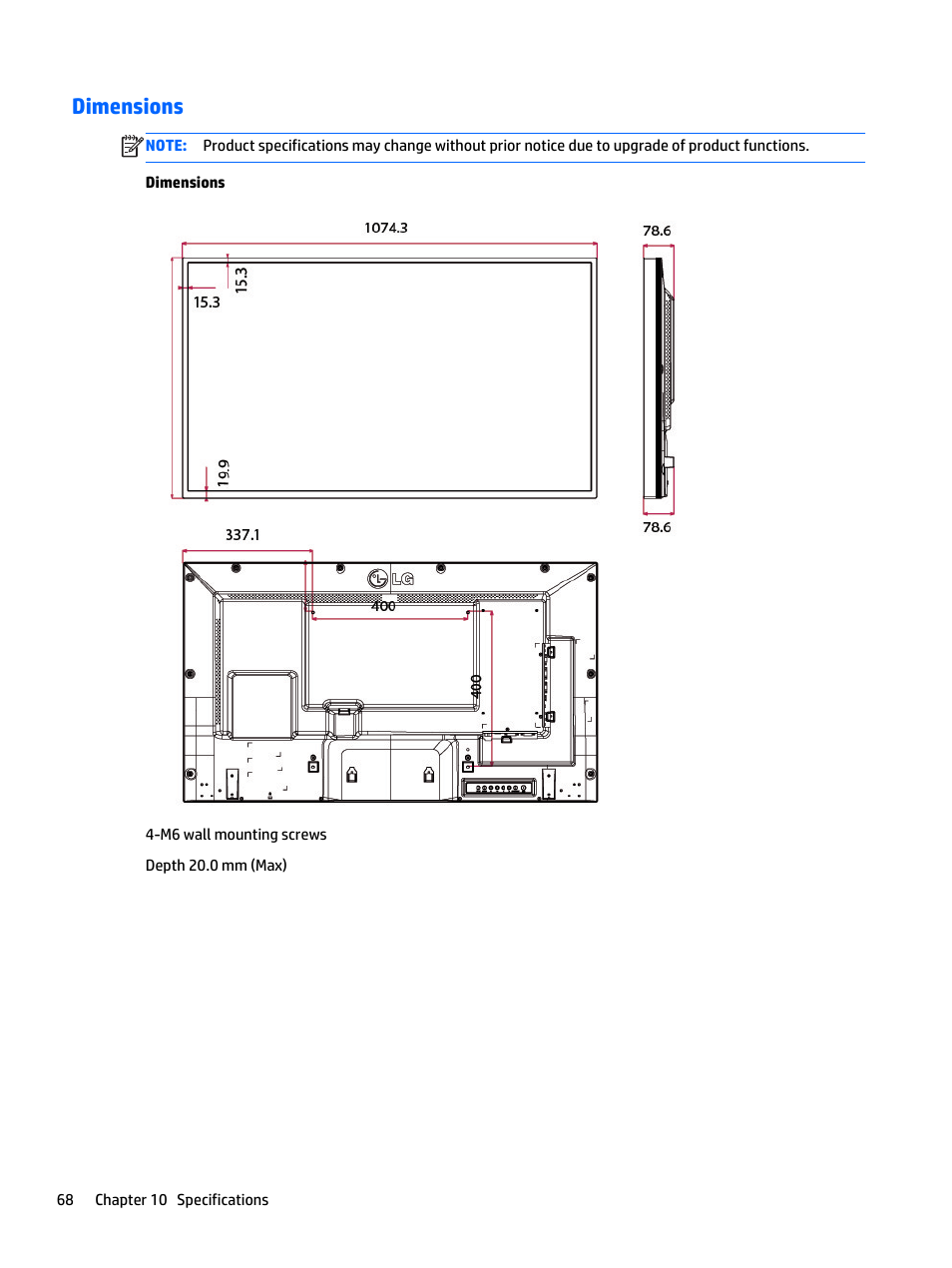 Dimensions | HP LD4235 41.92-inch LED Digital Signage Display User Manual | Page 78 / 111