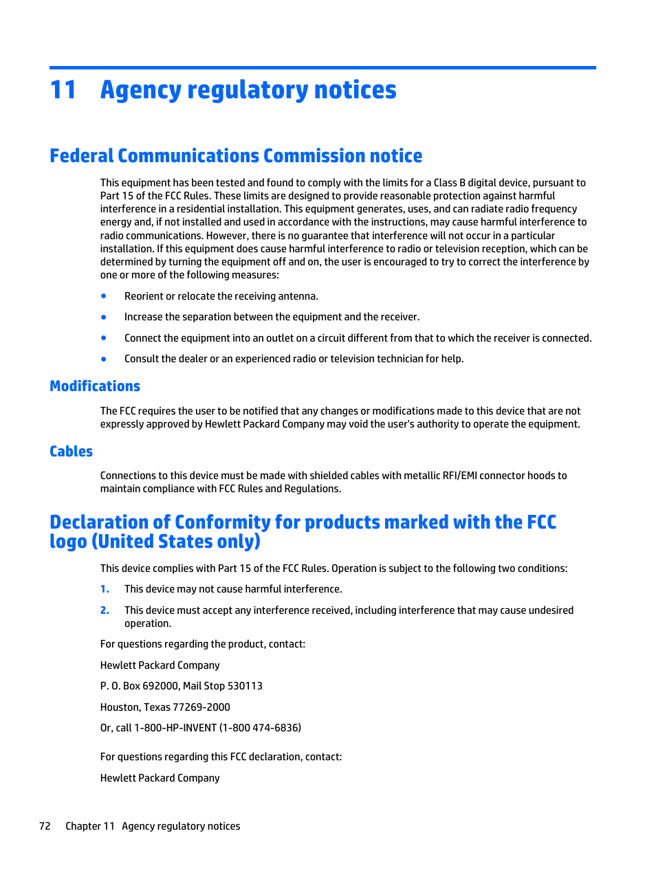 Agency regulatory notices, Federal communications commission notice, Modifications | Cables, 11 agency regulatory notices, Modifications cables | HP LD4235 41.92-inch LED Digital Signage Display User Manual | Page 82 / 111