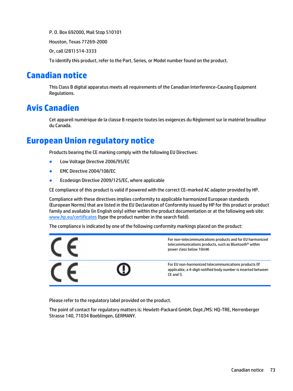 Canadian notice, Avis canadien, European union regulatory notice | HP LD4235 41.92-inch LED Digital Signage Display User Manual | Page 83 / 111