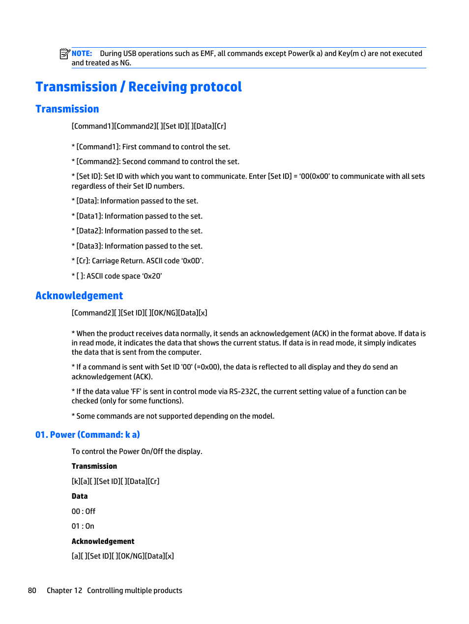 Transmission / receiving protocol, Transmission, Acknowledgement | Power (command: k a), Transmission acknowledgement | HP LD4235 41.92-inch LED Digital Signage Display User Manual | Page 90 / 111