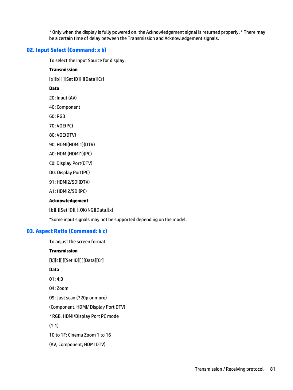 Input select (command: x b), Aspect ratio (command: k c) | HP LD4235 41.92-inch LED Digital Signage Display User Manual | Page 91 / 111