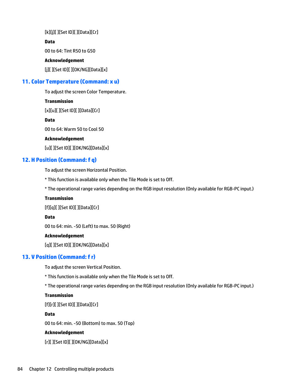 Color temperature (command: x u), H position (command: f q), V position (command: f r) | HP LD4235 41.92-inch LED Digital Signage Display User Manual | Page 94 / 111