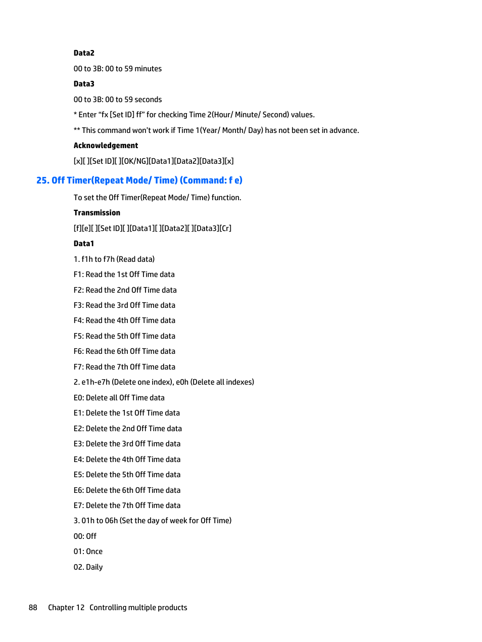 Off timer(repeat mode/ time) (command: f e) | HP LD4235 41.92-inch LED Digital Signage Display User Manual | Page 98 / 111