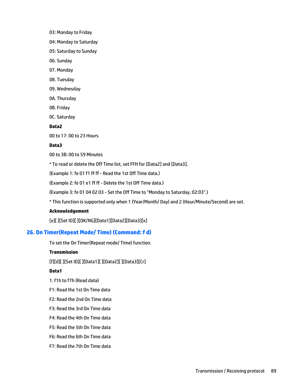 On timer(repeat mode/ time) (command: f d) | HP LD4235 41.92-inch LED Digital Signage Display User Manual | Page 99 / 111