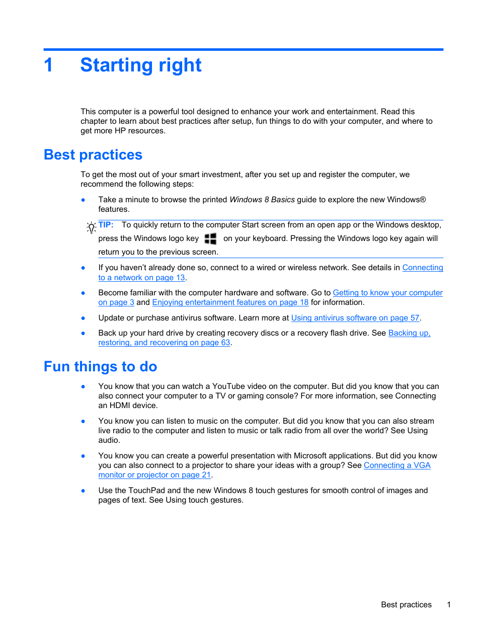 Starting right, Best practices, Fun things to do | 1 starting right, Best practices fun things to do, 1starting right | HP Pavilion g7-2254ca Notebook PC User Manual | Page 11 / 84
