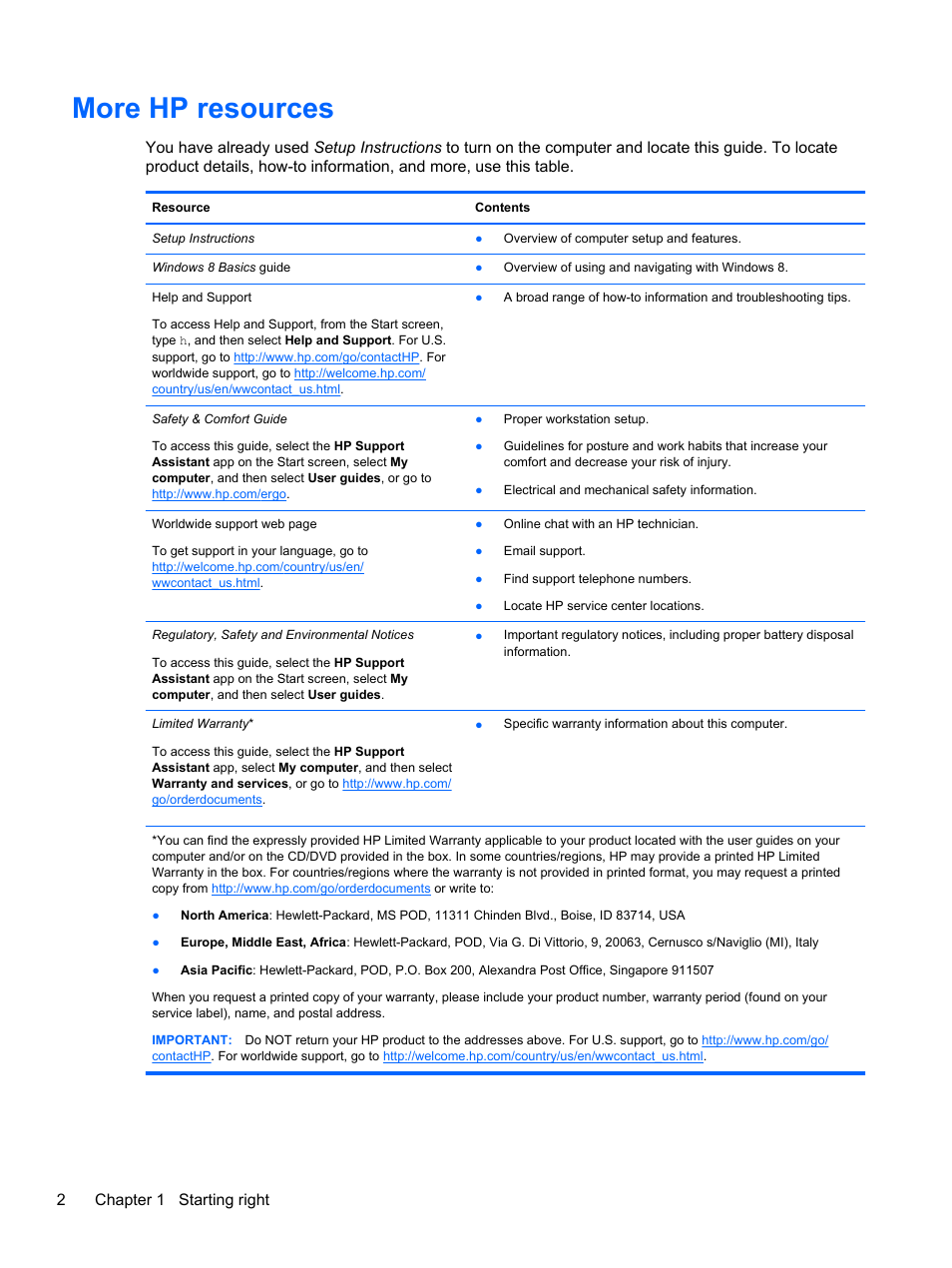 More hp resources, 2chapter 1 starting right | HP Pavilion g7-2254ca Notebook PC User Manual | Page 12 / 84
