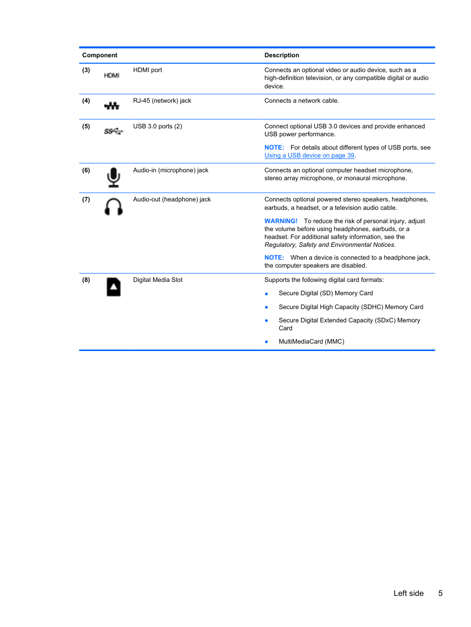 Left side 5 | HP Pavilion g7-2254ca Notebook PC User Manual | Page 15 / 84